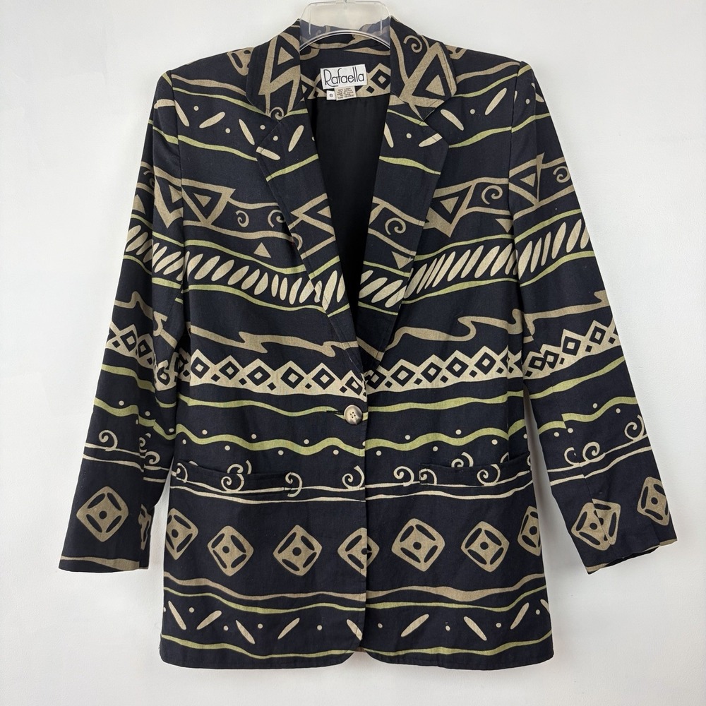 Vintage Retro 80s Linen Blazer Womens 6 Bold Southwestern Tribal Pattern